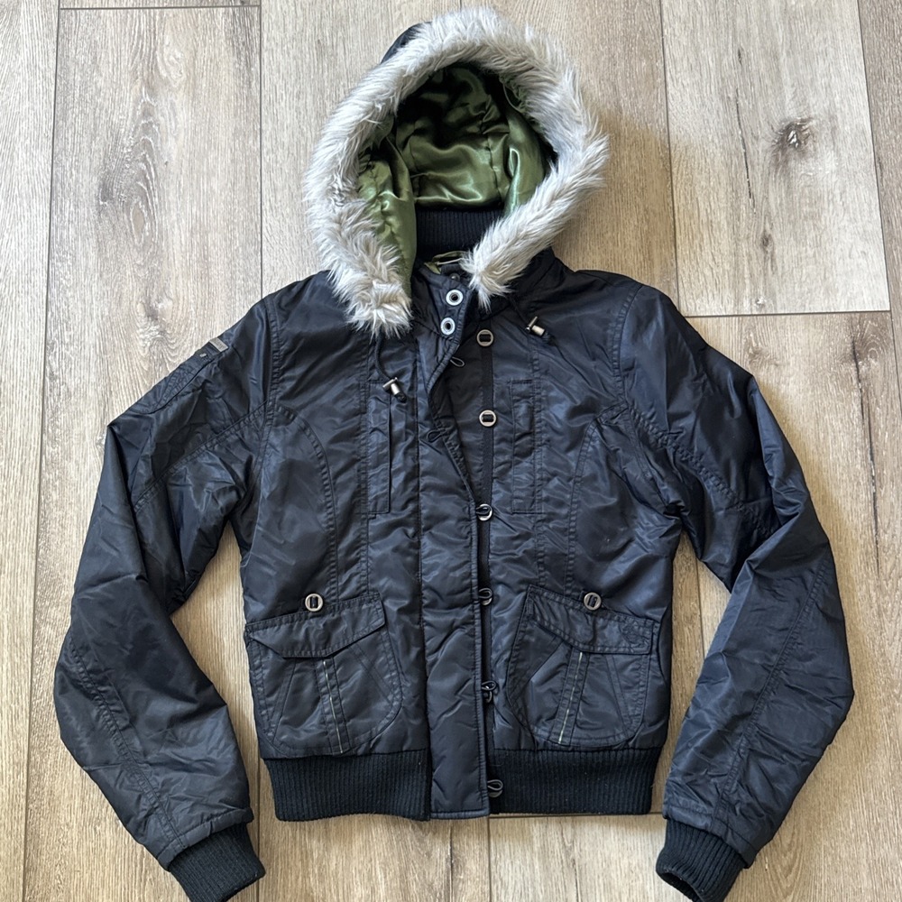 Billabong Kids Y2k Vintage Faux Fur Trim Puffer Black Bomber Coat Size Large